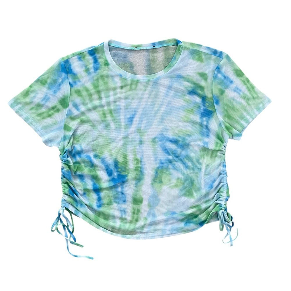 Tie Dye Mesh Crop Top Short Sleeve Stretchy Ruched String Side Sheer Fits Large